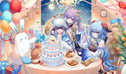 Rule 34 | 1other, 3girls, absurdres, ahoge, balloon, bare shoulders, blue hair, bodystocking, bottle, box, breasts, brown cat, cake, candle, chair, champagne bottle, character request, commentary request, cone hair bun, confetti, covering another&#039;s eyes, croissant, detached sleeves, food, ganyu (genshin impact), genshin impact, gift, gift box, hair bun, highres, holding, holding bottle, horns, indoors, interlocked fingers, keqing (genshin impact), long hair, medium breasts, multiple girls, open mouth, own hands together, pink eyes, purple hair, sheya, sitting, smile, table, twintails, very long hair, white hair