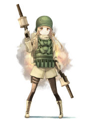 Rule 34 | 1girl, backpack, bag, black pantyhose, blunt bangs, boots, brown eyes, brown footwear, brown gloves, brown hair, closed mouth, cross-laced footwear, dual wielding, fukaziroh (sao), full body, gloves, grenade launcher, helmet, holding, knife, legs apart, milkor mgl, mosso1120, pantyhose, revolver grenade launcher, sidelocks, smile, solo, standing, sword art online, sword art online alternative: gun gale online, tactical clothes, thigh strap, weapon