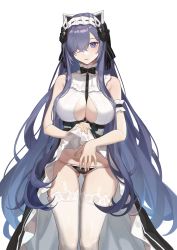Rule 34 | 1girl, august von parseval (azur lane), august von parseval (the conquered unhulde) (azur lane), azur lane, bare shoulders, between breasts, black bow, black bowtie, black dress, bow, bowtie, breasts, center opening, clothes lift, clothing cutout, commentary request, dress, dress lift, frills, gluteal fold, grey background, hair over one eye, highres, horns, large breasts, legs apart, lifting own clothes, long hair, looking at viewer, maid headdress, mechanical horns, official alternate costume, parted lips, purple eyes, purple hair, red cucumber, simple background, sleeveless, sleeveless dress, solo, standing, thighhighs, two-tone dress, very long hair, white dress, white thighhighs
