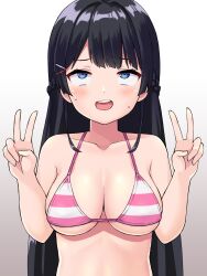 Rule 34 | 1girl, ahegao, bare arms, bare shoulders, bikini, black hair, blue eyes, blush, braid, breasts, collarbone, commission, double v, gradient background, grey background, hair ornament, hairclip, hands up, highres, long hair, looking away, looking up, medium breasts, nijisanji, pixiv commission, revision, solo, striped bikini, striped clothes, swimsuit, tsukino mito, tsunaso (lack of sunlight), upper body, v, very long hair, virtual youtuber, white background