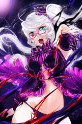 Rule 34 | 1girl, aqua eyes, arbiter cabernet, bow, breasts, fang, frills, glasses, hair ribbon, heterochromia, long hair, lowres, navel, official art, open mouth, panties, red eyes, ribbon, solo, sword girls, twintails, underwear, white hair, wrist cuffs