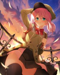 Rule 34 | 1girl, arm up, black thighhighs, blue eyes, blush, character request, cloud, commentary request, copyright request, double bun, hair between eyes, hair bun, hat, looking at viewer, mist train girls, navy (navy.blue), paddington (mist train girls), ribbon, short hair, sky, smile, sunset, thighhighs