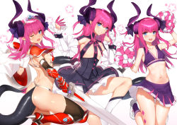 Rule 34 | 1girl, blue eyes, blush, cheerleader, detached sleeves, dragon girl, dragon horns, dragon tail, elizabeth bathory (fate), elizabeth bathory (fate/extra ccc), elizabeth bathory (first ascension) (fate), fate/grand order, fate (series), highres, holding, holding sword, holding weapon, horns, long hair, looking at viewer, midriff, multiple views, navel, official alternate costume, pink hair, simple background, smile, star (symbol), sword, tail, weapon, white background, yykuaixian