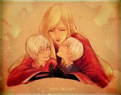 Rule 34 | 1girl, 2boys, blonde hair, brothers, capcom, dante (devil may cry), devil may cry (series), eva (devil may cry), family, happy, mother&#039;s day, mother and son, multiple boys, siblings, twins, vergil (devil may cry), white hair