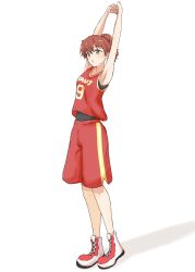 Rule 34 | 1girl, absurdres, armpits, arms up, basketball uniform, brown eyes, brown hair, hibike! euphonium, highres, kai ocumi, looking at viewer, oumae kumiko, parted lips, ponytail, red footwear, red shorts, red tank top, shoes, short hair, shorts, solo, sportswear, standing, stretching, tank top