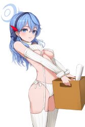 Rule 34 | 1girl, absurdres, ako (blue archive), alternate costume, blue archive, blue eyes, blue hair, blue halo, blush, box, breasts, cowboy shot, detached sleeves, hair between eyes, halo, highres, holding, holding box, long hair, medium breasts, meme attire, open mouth, panties, simple background, solo, suang, sweater, thighhighs, underboob, underwear, virgin destroyer sweater, white background, white panties, white sweater, white thighhighs