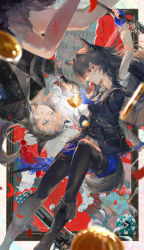 Rule 34 | 2girls, absurdres, animal ears, arknights, bad id, bad pixiv id, belt, black footwear, black hair, black jacket, black pantyhose, blood, blood on face, blood on leg, blue gloves, blue necktie, blue shorts, boots, closed mouth, coin, collared shirt, commentary, daylightallure, fingerless gloves, gloves, grey eyes, grey hair, grey vest, gun, highres, holding, holding sword, holding weapon, jacket, lappland (arknights), lappland (refined horrormare) (arknights), long hair, long sleeves, looking at viewer, multiple girls, necktie, official alternate costume, open clothes, open jacket, orange eyes, pantyhose, pocket watch, poker chip, rotational symmetry, sharp teeth, shirt, shorts, sword, tail, teeth, texas (arknights), texas the omertosa (arknights), vest, watch, weapon, white shirt, white shorts, wolf ears, wolf girl, wolf tail
