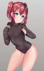 Rule 34 | aqua eyes, bare hips, blush, breasts, brown leotard, closed mouth, contrapposto, cowboy shot, gluteal fold, grey background, hand on own chest, heattech leotard, highres, kurosawa ruby, leotard, long sleeves, looking at viewer, love live!, love live! sunshine!!, rama (yu-light8), red hair, short hair, simple background, sleeves past wrists, small breasts, smile, solo, sweater, thighs, turtleneck, turtleneck sweater, two side up