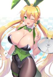 Rule 34 | 1girl, :d, animal ears, black pantyhose, blonde hair, blush, bow, bowtie, breasts, cleavage, collarbone, elf, glass, green bow, green bowtie, green eyes, green leotard, green nails, happy, highres, holding, holding tray, kawase seiki, large breasts, leafa, leotard, nail polish, navel, one eye closed, open mouth, pantyhose, playboy bunny, pointy ears, rabbit ears, sketch, skin tight, skindentation, smile, solo, sword art online, tray