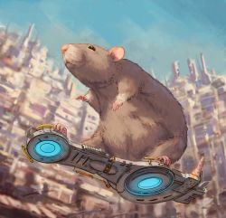 Rule 34 | 1other, aircraft, animal, animal focus, claws, closed mouth, floating, flying, highres, mountain, mouse (animal), nejumipro, no humans, original, outdoors, riding, science fiction, sky, whiskers