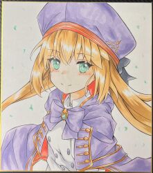 Rule 34 | 1girl, artoria caster (fate), artoria caster (second ascension) (fate), artoria pendragon (fate), beret, blonde hair, blue bow, blue cloak, blue hat, blush, bow, cloak, closed mouth, collared shirt, commentary request, dakkusu, fate/grand order, fate (series), green eyes, grey background, hair between eyes, hat, highres, hood, hood down, hooded cloak, long hair, petals, photo (medium), shirt, simple background, smile, solo, traditional media, very long hair, white shirt