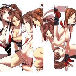 Rule 34 | breasts, brown hair, cleavage, hand fan, fatal fury, iwamoto eiri, large breasts, mouth hold, ponytail, shiranui mai