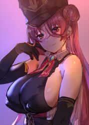 Rule 34 | 1girl, armpit crease, bare shoulders, black gloves, black hat, bow (bhp), breasts, cleavage, closed mouth, elbow gloves, gloves, grey background, hair between eyes, hair bun, hat, heterochromia, hololive, houshou marine, houshou marine (marching band), large breasts, long hair, looking at viewer, multicolored hair, red eyes, red hair, revision, see-through, see-through cleavage, shako cap, sideboob, single hair bun, smile, solo, streaked hair, upper body, virtual youtuber, yellow eyes