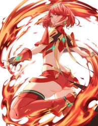 Rule 34 | 1girl, ahoge, ass, boots, breasts, butt crack, circlet, d0r0118, fingerless gloves, fire, from behind, gloves, highres, large breasts, looking at viewer, pyra (xenoblade), red eyes, red hair, red shorts, scarf, short hair, short shorts, shorts, sideboob, solo, thigh boots, thighhighs, xenoblade chronicles (series), xenoblade chronicles 2