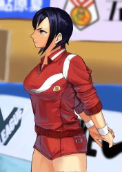 Rule 34 | 1girl, absurdres, ayuhara natsu, black hair, blue eyes, breasts, from side, gym shorts, highres, jacket, justice gakuen, large breasts, osushi961, red jacket, red shirt, red shorts, shirt, short hair, shorts, solo, volleyball, wristband