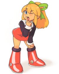 Rule 34 | 1girl, 34no404, ;o, ;p, blonde hair, blue eyes, blush, boots, capcom, derivative work, dress, female focus, finger to mouth, flat chest, full body, green eyes, green ribbon, hair ribbon, hand on own knee, knee boots, leaning, leaning forward, licking, long hair, long sleeves, looking at viewer, one eye closed, open mouth, parody, ponytail, red dress, red skirt, ribbon, mega man (series), mega man (classic), roll (mega man), round teeth, sexually suggestive, skirt, solo, teeth, tongue, tongue out, upper teeth only, wink