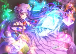 Rule 34 | 1girl, bad id, bad pixiv id, bare shoulders, book, breasts, crescent, detached sleeves, dress, female focus, hat, kether, long hair, magic circle, patchouli knowledge, purple eyes, purple hair, ribbon, smile, solo, touhou