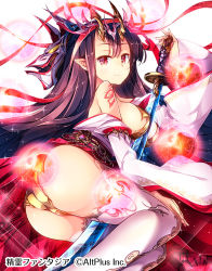 Rule 34 | 1girl, armor, ass, bikini armor, black hair, breasts, bright pupils, closed mouth, copyright name, detached sleeves, from behind, highres, holding, holding sword, holding weapon, katana, large breasts, light particles, long hair, long sleeves, looking back, magic, mask, mask on head, matsuuni, official art, pointy ears, red eyes, seirei fantasia, sheath, shoulder tattoo, sideboob, simple background, smile, solo, sparkle, sword, tattoo, thighhighs, thighs, tiara, unsheathing, very long hair, weapon, white background, white thighhighs, wide sleeves
