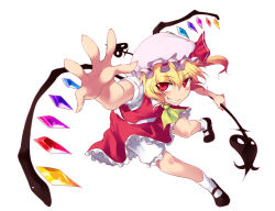 Rule 34 | 1girl, blonde hair, embodiment of scarlet devil, female focus, flandre scarlet, foreshortening, grin, highres, kiyoichi, kiyoichi (acacia soukyoukai), laevatein, outstretched hand, red eyes, short hair, side ponytail, simple background, smile, solo, touhou, wings