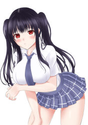 Rule 34 | 1girl, bare shoulders, black hair, blush, breasts, cleavage, harami, highres, large breasts, leaning forward, long hair, looking at viewer, necktie, original, parted lips, plaid, plaid skirt, pleated skirt, red eyes, school uniform, shirt, skirt, solo, standing, twintails, white shirt