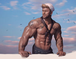 Rule 34 | 1boy, abs, arm tattoo, bara, black pants, blonde hair, chest tattoo, closed mouth, cloud, day, facial hair, hat, large pectorals, male focus, muscular, muscular male, navel, nipples, original, outdoors, pants, pectorals, sailor, sailor collar, sailor hat, short hair, silverjow, sky, smile, solo, tattoo