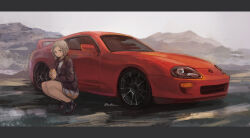 Rule 34 | 1girl, black footwear, car, cellphone, highres, holding, holding phone, jacket, light brown hair, long sleeves, looking at viewer, momo hiki, motor vehicle, open clothes, open jacket, original, outdoors, phone, red car, red jacket, shoes, short hair, shorts, smartphone, sneakers, solo, sports car, squatting, toyota, toyota supra, toyota supra mk iv, vehicle focus, white shorts