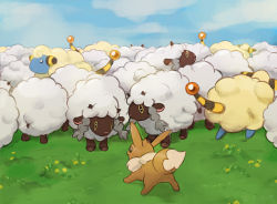 Rule 34 | cloud, commentary, creatures (company), day, do9bessa, eevee, english commentary, game freak, gen 1 pokemon, gen 2 pokemon, gen 8 pokemon, grass, mareep, nintendo, no humans, outdoors, pokemon, pokemon (creature), sheep, sky, wooloo