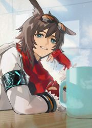 Rule 34 | 1boy, absurdres, animal ears, arknights, arm rest, blue eyes, brown hair, commentary request, courier (arknights), cup, elbow rest, fingerless gloves, gloves, goggles, goggles on head, hair between eyes, highres, infection monitor (arknights), jacket, looking at viewer, male focus, milil, mug, open clothes, open jacket, parted lips, red gloves, red scarf, scarf, signature, solo, steam, white jacket
