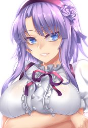 Rule 34 | 10s, 1girl, blue eyes, breast hold, breasts, center frills, dagashi kashi, female focus, fi-san, frills, hairband, highres, large breasts, looking to the side, parted lips, purple hair, ribbon, ringed eyes, shidare hotaru, smile, solo, upper body