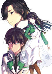 Rule 34 | 1girl, 2boys, black eyes, black hair, black neckwear, character request, collared dress, collared shirt, dress, floating hair, flower, green jacket, green ribbon, grey shirt, hair flower, hair ornament, hair over one eye, hair ribbon, jacket, long hair, long sleeves, looking at viewer, mahouka koukou no rettousei, multiple boys, necktie, open clothes, open jacket, ribbon, shiba miyuki, shiba tatsuya, shirt, simple background, smile, snowflake print, white background, white dress, white flower, wing collar, yuzuki n dash