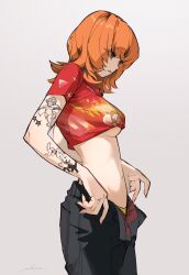 Rule 34 | 1girl, arm tattoo, black pants, breasts, brown eyes, commentary, cowboy shot, cropped shirt, dressing, fingernails, flipped hair, from side, groin, highres, kimura 731, looking down, medium breasts, medium hair, mole, mole under mouth, navel, open fly, orange hair, original, panties, pants, parted lips, photo-referenced, print shirt, red shirt, shirt, short sleeves, signature, simple background, solo, symbol-only commentary, t-shirt, tattoo, underboob, underwear, unmoving pattern, white background, yellow panties
