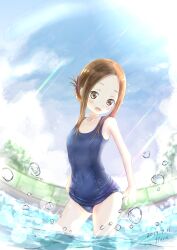 Rule 34 | 1girl, absurdres, adjusting clothes, adjusting swimsuit, artist name, bare shoulders, blue one-piece swimsuit, blush, brown eyes, brown hair, collarbone, covered navel, dated, fisheye, flat chest, fluno, forehead, hair bun, highres, karakai jouzu no takagi-san, looking at viewer, old school swimsuit, one-piece swimsuit, open mouth, outdoors, parted bangs, partially submerged, pool, school swimsuit, short hair with long locks, sky, swimsuit, takagi-san, thighs, water