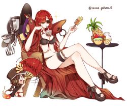 Rule 34 | 1boy, apple, black headwear, bubble tea, bubble tea challenge, cape, chain, chair, collared cape, cup, disposable cup, drinking, drinking straw, drinking straw in mouth, facing viewer, family crest, fate/grand order, fate (series), fiery hair, food, fruit, grapes, hair between eyes, hair over one eye, hat, high heels, highres, holding, holding food, holding popsicle, leaning on object, low ponytail, military hat, object on breast, oda nobukatsu (fate), oda nobunaga (fate), oda nobunaga (maou avenger) (fate), oda uri, on chair, open mouth, pillow, pineapple, ponytail, popped collar, popsicle, popsicle stick, red cape, red hair, sitting, sunglasses, swimsuit, table, trap, twitter username, yui (tamagohan)