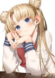 Rule 34 | 1girl, bad id, bad twitter id, bishoujo senshi sailor moon, blonde hair, blue eyes, blue sailor collar, blush, bow, bowtie, closed mouth, double bun, earrings, hair bun, highres, jewelry, long hair, long sleeves, looking at viewer, own hands together, red bow, red bowtie, ryota (ry o ta), sailor collar, school uniform, serafuku, shirt, signature, simple background, solo, tsukino usagi, upper body, white background, white shirt