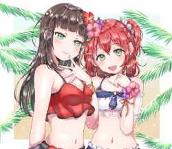 Rule 34 | 10s, 2girls, aqua eyes, bad id, bad pixiv id, black hair, blunt bangs, blush, breasts, cleavage, flower, hair flower, hair ornament, hairclip, kaisou (0731waka), kurosawa dia, kurosawa ruby, long hair, looking at viewer, love live!, love live! school idol festival, love live! sunshine!!, medium breasts, mole, mole under mouth, multiple girls, navel, open mouth, palm tree, red hair, short hair, short twintails, siblings, sisters, smile, tree, twintails, two side up, upper body