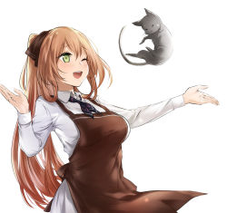 Rule 34 | 1girl, alternate costume, alternate hairstyle, apron, ascot, bad id, bad pixiv id, blonde hair, blouse, blush, bow, breasts, brown apron, cat, girls&#039; frontline, green eyes, grey cat, hair bow, large breasts, long hair, one eye closed, open mouth, outstretched hand, shirt, sidelocks, smile, springfield (girls&#039; frontline), suru (ksoo420), teeth, upper teeth only, white background, white shirt