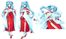 Rule 34 | 1girl, bell, blue eyes, blue hair, breasts, full body, hakama, hakama skirt, hands on own hips, japanese clothes, long hair, looking at viewer, medium breasts, miko, min-naraken, red hakama, sandals, shaman&#039;s sanctuary, simple background, skirt, smile, standing, twintails, white background, white legwear, wide sleeves