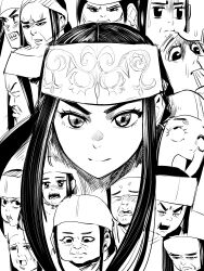 Rule 34 | 1girl, :d, :i, ainu, angry, asirpa, closed mouth, cropped head, disgust, frown, gegegekman, golden kamuy, hairband, highres, long hair, looking at viewer, monochrome, multiple views, nervous sweating, open mouth, sidelocks, smile, snot, solo, sweat, white background