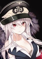 Rule 34 | 1girl, armband, bad id, bad pixiv id, bare shoulders, black background, black hat, black vest, breasts, cleavage, closed mouth, collarbone, commentary request, cross, fur trim, girls&#039; frontline, goyain, hair between eyes, hat, highres, iron cross, kar98k (girls&#039; frontline), long hair, medium breasts, peaked cap, red eyes, shirt, silver hair, simple background, sleeveless, sleeveless shirt, solo, upper body, vest, white shirt