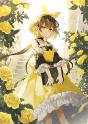 Rule 34 | 1girl, black choker, blonde hair, book, bow hairband, brown hair, choker, closed mouth, colored inner hair, day, detached sleeves, dress, falling petals, flower, frilled dress, frilled sleeves, frills, hairband, holding, holding book, jewelry, light particles, light smile, looking at viewer, multicolored hair, original, pendant, petals, pillar, plant, rose, shiromine kana, short hair, solo, sparkle, stairs, standing, streaked hair, sunlight, two-tone hair, watermark, yellow dress, yellow eyes, yellow flower, yellow hairband, yellow rose, yellow theme