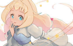 Rule 34 | 1girl, blonde hair, blue eyes, dress, eve (gundam build divers re:rise), flat chest, floating hair, grey dress, gundam, gundam build divers, gundam build divers re:rise, hand to own mouth, highres, long hair, open mouth, short bangs, sleeves past fingers, sleeves past wrists, smile, solo, star (symbol), twintails, very long hair, white background, yotsuyama (yomo8ama)