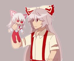 Rule 34 | 2girls, bow, djk, fujiwara no mokou, fumo (doll), hair bow, long hair, long sleeves, looking at another, looking to the side, multiple girls, red bow, red eyes, shirt, short sleeves, simple background, suspenders, touhou, watermark, white hair, white shirt