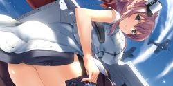 Rule 34 | 10s, 1girl, aircraft, armpit peek, ass, blouse, blue eyes, breasts, brown hair, day, drum magazine, eyebrows, f4f wildcat, flight deck, from below, funnel, garter straps, hair between eyes, highres, kantai collection, large breasts, looking at viewer, magazine (weapon), military, military vehicle, neckerchief, pocket, red neckerchief, saratoga (kancolle), shiny skin, shirt, short sleeves, sky, smile, solo, tsuuhan, white shirt