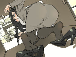 1girl, ass, black footwear, black hair, blush, breasts, clenched teeth, copyright request, electric plug, embarrassed, formal, grey eyes, grey jacket, grey legwear, grey shirt, grey skirt, hand up, high heels, jacket, knees together feet apart, large breasts, long hair, long sleeves, looking at viewer, looking back, pantyhose, ruukii drift, shirt, shoes removed, skirt, skirt suit, soles, solo, suit, sweat, taut clothes, taut skirt, teeth, trash can, under table