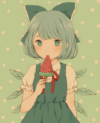 Rule 34 | 1girl, absurdres, blue eyes, blue hair, bow, cirno, dress, food, hair bow, highres, ice, ice wings, ichigo (ichigoxxusagi), looking at viewer, popsicle, puffy short sleeves, puffy sleeves, short hair, short sleeves, solo, touhou, watermelon bar, wings