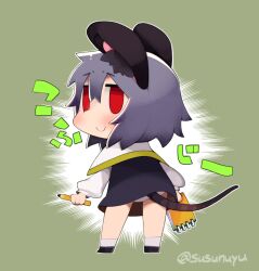 Rule 34 | 1girl, animal ear fluff, animal ears, black footwear, blush, c:, capelet, chibi, closed mouth, commentary request, cookie (touhou), dress, empty eyes, from behind, full body, green background, grey dress, grey hair, hair between eyes, holding, holding notepad, holding pencil, kofji (cookie), kohakagutibi, long sleeves, looking at viewer, looking back, medium bangs, mouse ears, mouse girl, mouse tail, nazrin, notepad, panties, pencil, red eyes, shirt, shoes, short hair, smile, socks, solo, standing, tail, touhou, twitter username, underwear, white capelet, white panties, white shirt, white socks