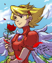 Rule 34 | 1girl, angel wings, blonde hair, bracelet, breasts, breath of fire, breath of fire iii, closed mouth, cloud, commentary request, dress, green eyes, hairband, jewelry, nina (breath of fire iii), puffy sleeves, short hair, smile, snowzcz, solo, white wings, wings