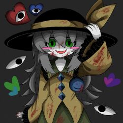 Rule 34 | black background, black eyes, black hat, blood, blood in hair, blood on clothes, blood on face, blood on hands, blood stain, blush, blush stickers, buttons, claws, diamond (shape), diamond button, evil grin, evil smile, extra eyes, frilled shirt, frilled shirt collar, frilled sleeves, frills, green eyes, green hair, green skirt, grey hair, grin, hat, hat ribbon, heart, highres, koishi komeiji&#039;s heart-throbbing adventure, komeiji koishi, long hair, looking at viewer, open mouth, pale skin, ribbon, shaded face, shirt, simple background, skirt, smile, third eye, touhou, yellow ribbon, yellow shirt, zunusama