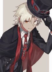 Rule 34 | 1boy, amakusa shirou (fate), black gloves, black suit, brown eyes, closed mouth, dark-skinned male, dark skin, earrings, fate/apocrypha, fate/grand order, fate (series), formal, gloves, hat, hat ornament, hat tip, holding, holding clothes, holding hat, jewelry, key, key necklace, looking at viewer, male focus, memna (renka roll), monocle, necklace, necktie, official alternate costume, phantom thief amakusa shirou, short hair, solo, suit, top hat, unworn hat, unworn headwear, upper body, white hair