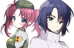 Rule 34 | 1boy, 1girl, :o, athrun zala, blue hair, breasts, character request, check character, closed mouth, commentary request, garrison cap, green eyes, green hat, green jacket, gundam, gundam seed, gundam seed destiny, hair between eyes, hat, jacket, medium breasts, meyrin hawke, parted bangs, parted lips, purple eyes, red hair, shiratama (shiratamaco), simple background, smile, thick eyebrows, twintails, upper body, white background, white jacket
